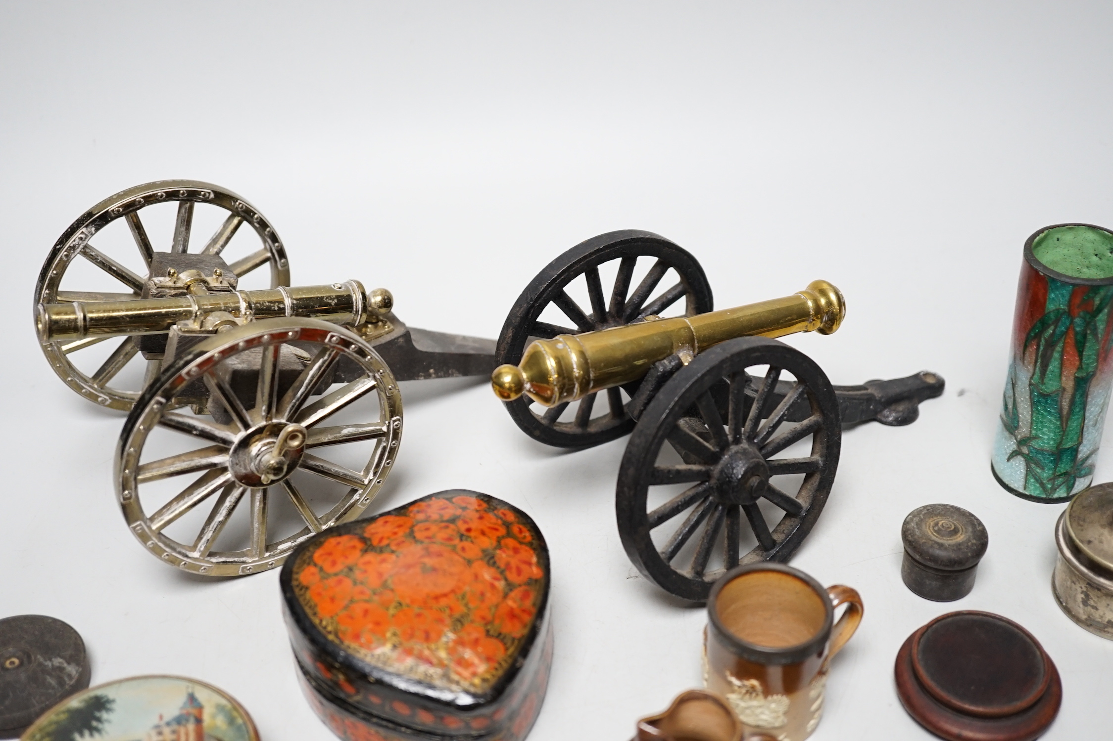 Two metal models of field cannons and sundry small boxes, in treen, white metal and papier-mâché